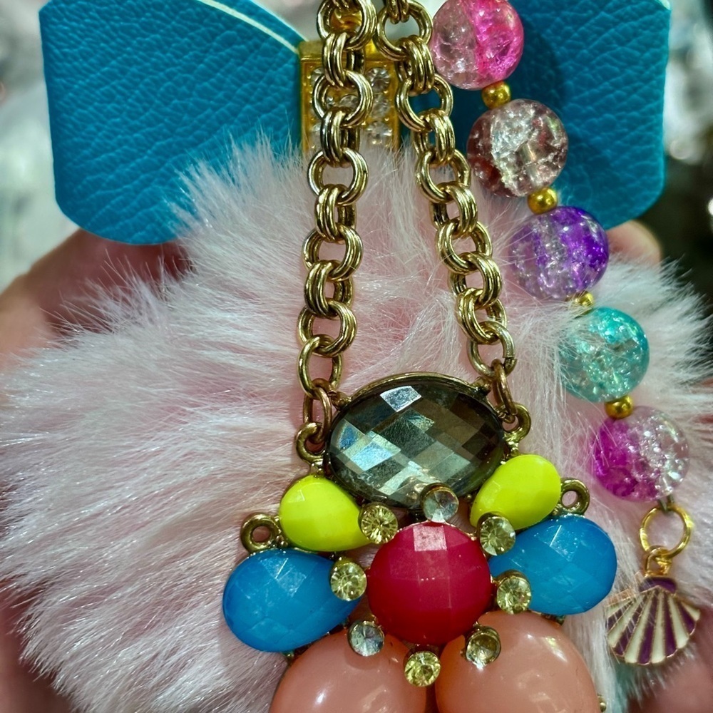 Colorful Pom Pom bag backpack Charm upcycled jewelry,one of the kind unique gift - Picture 7 of 8